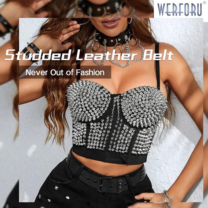 Чоловічий/Жіночий шкіряний ремінь WERFORU з пряжками в стилі панк-рок, чорний, розмір 90-100 см