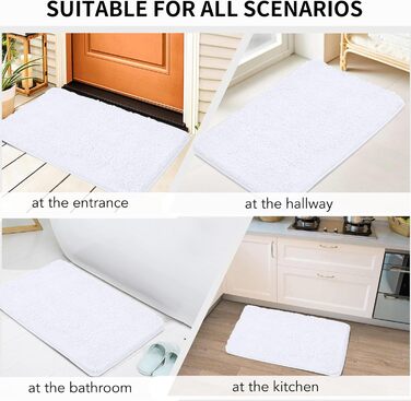 Килимок для ванної кімнати 40x60 см, антиковзаюча, м'яка, швидковисихаюча, з високим ворсом, з мікрофібри для ванни, душу та ванної кімнати, придатний для прання в машині (60 x 40 см, прямокутна, білий)
