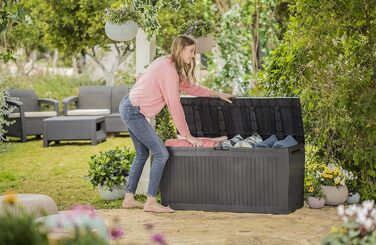 Koll Living ящик для подушок 270 л, графіт, водонепроникний, з вентиляцією, сучасна деревна текстура, кришка витримує до 250 кг