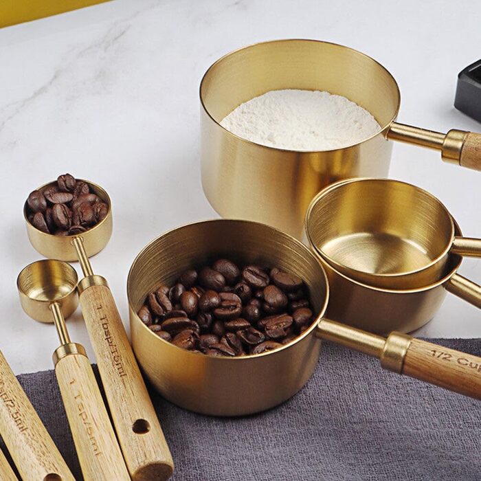 STOBAZA Measuring Cup and Spoon Set of 8 Stainless Steel Pieces, Stackable Measuring Cups and Kitchen Baking Utensils with Wooden Handle for Wine Ingredients, Milk Powder