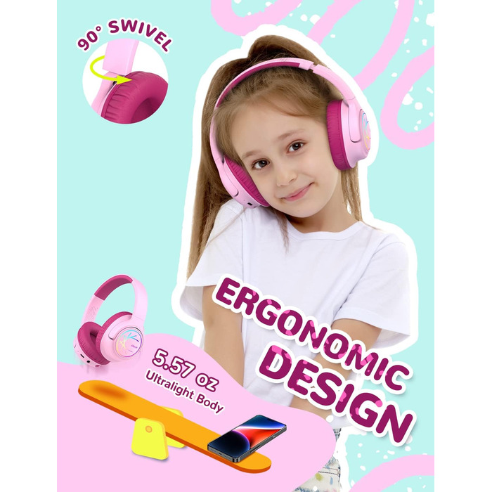 iClever Дитячі навушники Bluetooth з LED-підсвічуванням, обмеження гучності 74/85 дБ, 43 години роботи, стерео звук, Type-C, AUX-кабель, Bluetooth 5.3, для планшетів/подорожей, рожеві