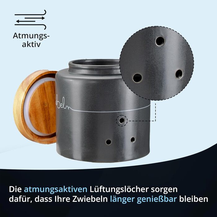 Набір контейнерів для зберігання KHG для кухні сірого кольору антрацит з дерев'яними кришками, керамічні контейнери для продуктів, з маркуванням, набір органайзерів для кухні, без пластику та світлонепроникні (набір для цибулі та часнику)