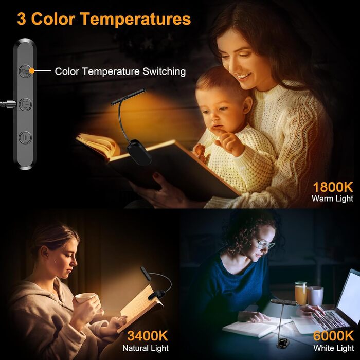 LED-лампа для читання Gritin з кріпленням на книгу, 19 світлодіодів, 3 режими температури кольору, 5 рівнів регулювання яскравості, USB-зарядка, гнучкий поворот на 360°, чорний