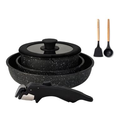 Набір посуду BOREINE 14 предметів: каструлі та сковороди з антипригарним гранітним покриттям (PFOA-free), знімні ручки, для всіх типів плит (індукція, склокераміка, газ, духовка), коричневий