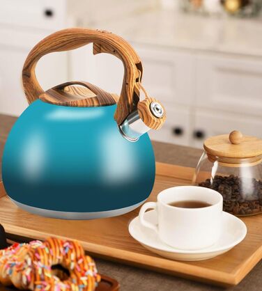 Чайник-свисток Foedo 3.2 л з нержавіючої сталі з дерев'яною текстурою, 3.2 л, для чаю, кави та молока, класичний дизайн, червоний (градієнт темно-зеленого кольору)