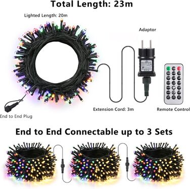 Ланцюжок прикрас Joomer 200 LED, 20 метрів, на батарейках з таймером, 8 режимів, вологостійкий, для декорування ялинки, саду, вечірки, шлюбу, внутрішнього та зовнішнього використання, тепле біле світло, зелений кабель