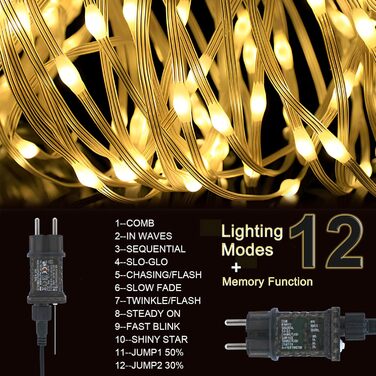 Гірлянда світлодіодна Gresonic 100/200/300/400 LED, струмопровідна, для дому та саду, тепле біле світло, 100 LED