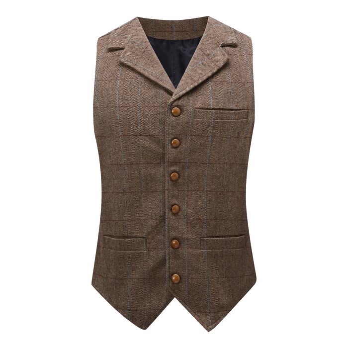 Жилет чоловічий в клітинку 'Риб'яча кістка' – костюмний жилет, коричневий (L)