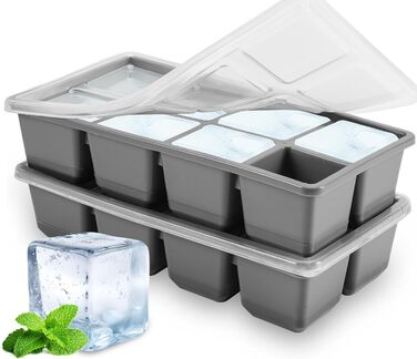 Форми для льоду JRISBO з кришкою, 2 шт., XL, 4,5 см, BPA-Free, силікон, великі кубики льоду для коктейлів, віскі, кави (сірий)