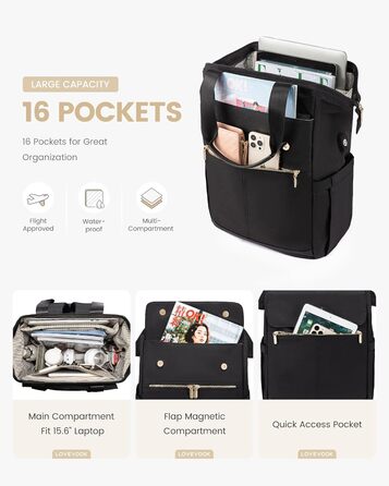 LOVEVOOK Рюкзак для підлітка, жіночий рюкзак з відділенням для ноутбука 15.6 дюймів, шкільний рюкзак, сумка для навчання, ділова сумка, рюкзак для міста, чорний