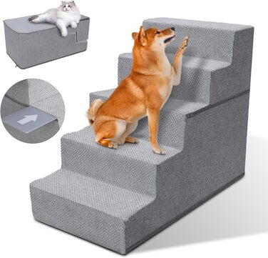 Myiosus Dog Stairs for Small Dogs, 2 Steps Pet Stairs, Waterproof Dog Steps made of Sponge, Non-Slip Dog Ramp for Sofa Bed, Dog Stairs with Washable Cover, Portable Cat Stairs (Removable 5-Step Dog Stairs, Grey)