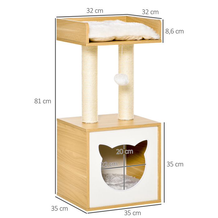 PawHut Cat Cave with Cat House & 2 Cushions, 2 Levels including Cat House, Toy with Ball, Cat Apartment, Sisal, Natural, 35 x 35 x 81 cm | Aosom