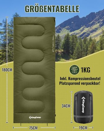 KingCamp 3-Season Sleeping Bag - Lightweight, Waterproof & Warm for Adults & Kids - Camping & Outdoor Sleeping Bag (Olive Green)