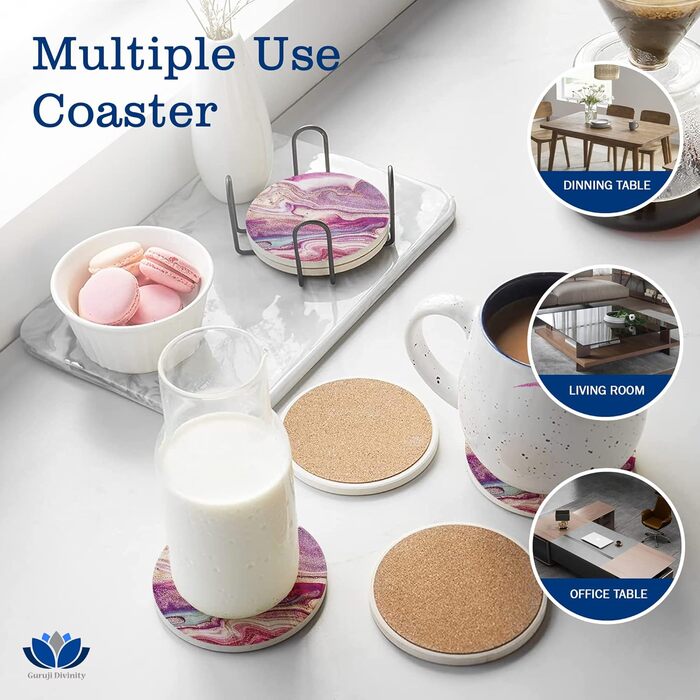 Guruji Divinity Absorbent Ceramic Stone Coasters, Set of 6, with Cork Bottom, Fun Drink Coasters with Holder for Cold Drinks, Wine Glasses and Cups, Table Protection, 4 inches (purple)