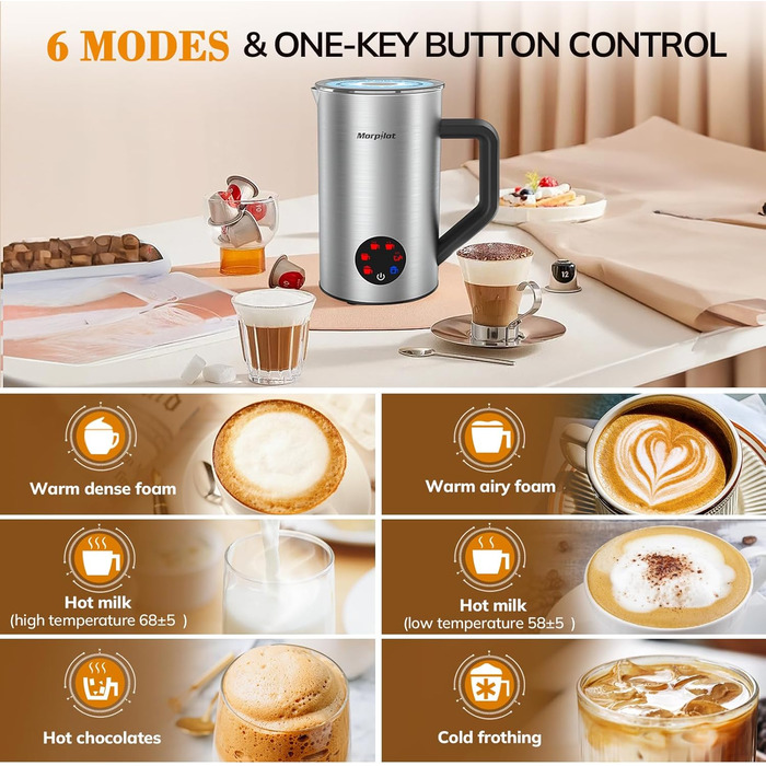 Електричний піногасник для молока Morpilot, 650W, нержавіюча сталь, 350мл, для гарячого та холодного молока, сумісний з посудомийною машиною