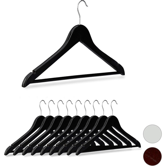 Набір вішалок для одягу Relaxdays, 10 шт., дерев'яні, з виступами та перекладиною, чорні, 44,5 см