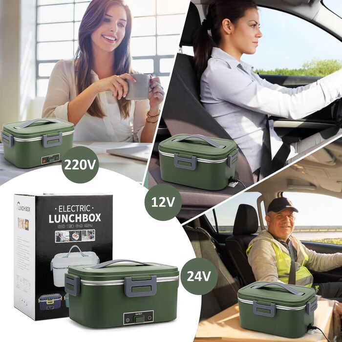 Електрична ланчбокс 100W, 3-в-1, 1.8L, нержавіюча сталь, ізольована термобокс для авто/вантажівки, 12V/24V/220V (зелений)