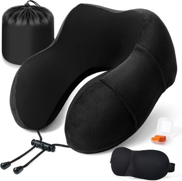Подушка для шиї у літак - туристична подушка з memory foam, ергономічна форма - з маскою для сну, навушниками, сумкою - ідеальна для подорожей, офісу, дому (Чорний)