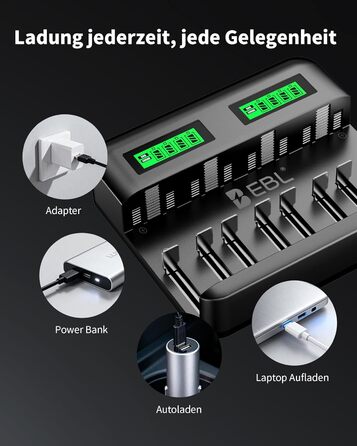 Зарядний пристрій EBL для акумуляторів AA AAA C D NI-MH, Type-C, LCD дисплей, швидка зарядка