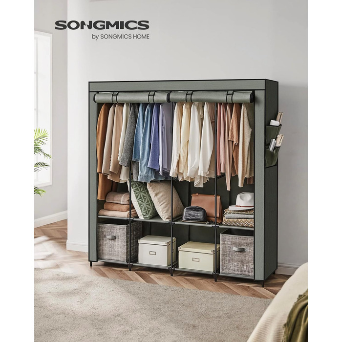 SONGMICS Closet, Wardrobe, 4 Hanging Shelves, with Shelves, 4 Side Pockets, Plenty of Space, for Bedroom, Living Room, RYG094B02 (45 x 170 x 167 cm, Sage Green)