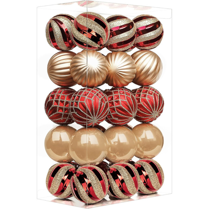 Прикраси для ялинки Shareconn 30 шт. Діаметр 6 см (60 мм), червоний та золотий колір, міцні, для ялинки та святкування