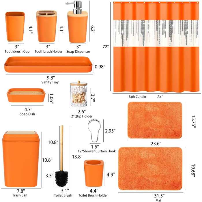 Набір аксесуарів для ванної кімнати, 9 предметів: сміттєвий бак, тримач для зубних щіток, стаканчик для зубних щіток, диспенсер для мила/лосьйону, тумбочка під раковину, мильниця, щітка для унітазу, контейнер для ватних паличок (Помаранчевий, Комплект для