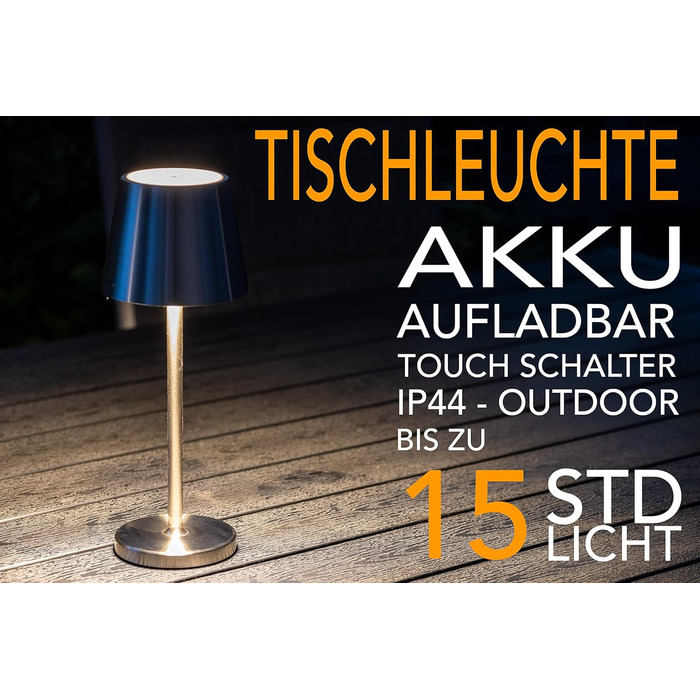 Настільний світильник акумуляторний ChiliTec 30см, LED, димується, USB зарядка, IP44, тепле світло, сенсорний вимикач, срібний