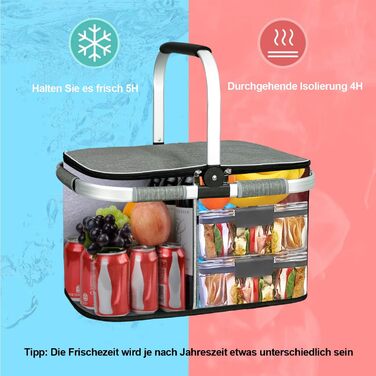 Термосумка-кошик 35L для покупок, пікніків, кемпінгу та подорожей. Ізольована термосумка-кошик сірого кольору з водонепроникним внутрішнім кишеньком та бічною підтримкою.