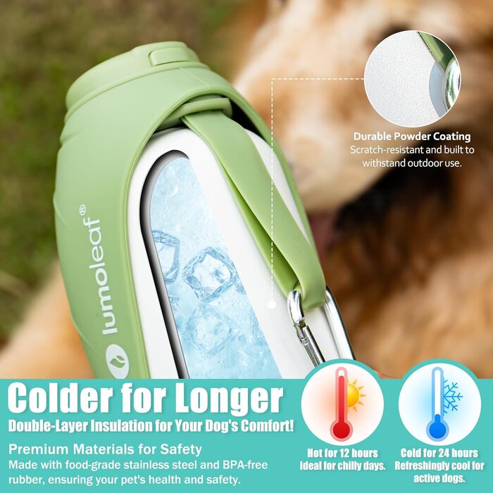 Термофляга для собак LumoLeaf з нержавіючої сталі, 800 мл, зелена - зберігає воду холодною/теплою, довговічна, портативна