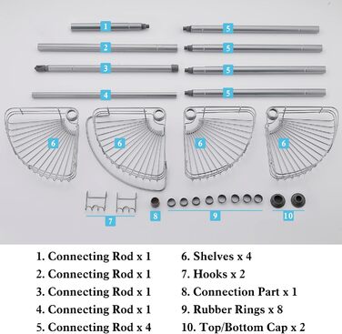 DUFU Кутовий полиця для душу з 4 кошиками, металева, регульована висота 73-265см, без свердління, антиковзаюча, сіра