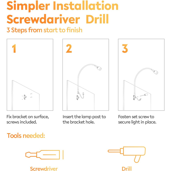 Світлодіодна настільна лампа Acegoo для читання з гнучким регульованим кронштейном (чорна) - 3000K, диммована, настінне кріплення, для спальні, книжок