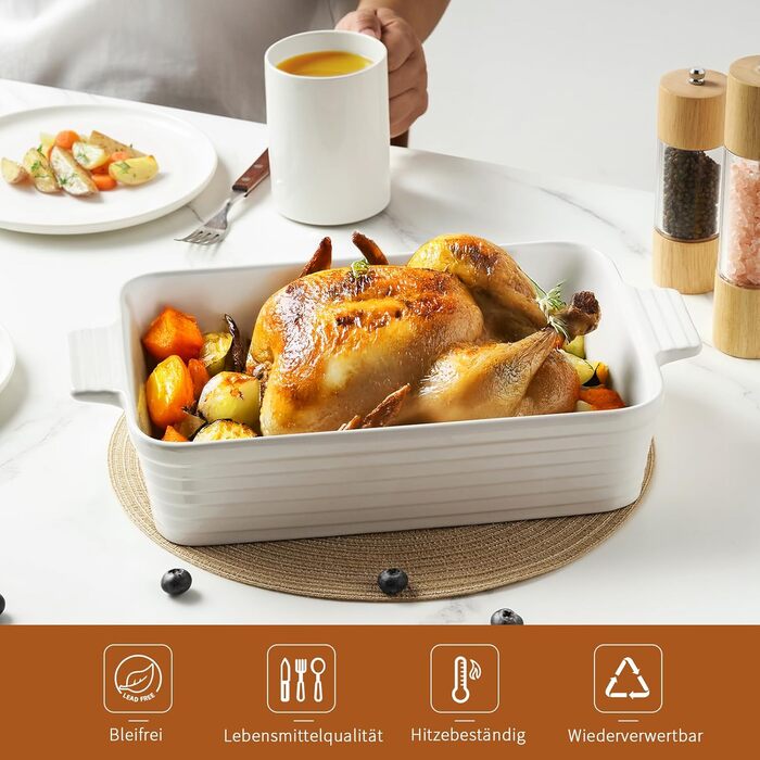 Форма для запікання Jassceram, 4.9 л, порцеляна, біла, для духовки, з ручками, для лазаньї та запіканок