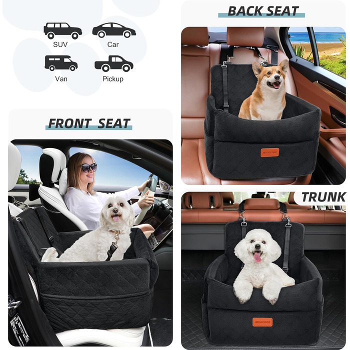 Washable Dog Car Seat for Small to Medium Dogs with Leash & Storage Pockets - Thickened Elevated Dog Bed for Back or Front Seat - Black