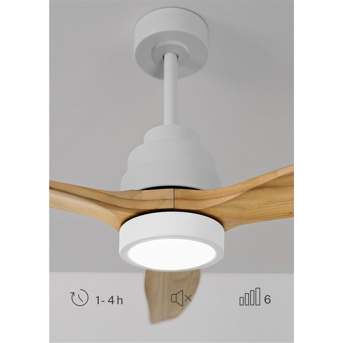 Вентилятор стельовий з підсвічуванням Windstylance Natural Wood L 152 см, білий, дерев'яні лопаті, WiFi, пульт, 6 швидкостей, літній/зимовий режим