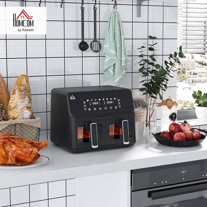 Фритюрниця HOMCOM з двома зонами, 8 л, 2500 Вт, 8 програм, антипригарне покриття, чорна