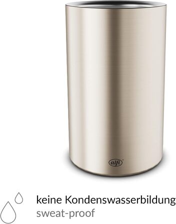 alfi SECCO, Stainless steel bottle cooler for 0.70 to 1l bottles, wine, sparkling wine. Keeps drinks cool without condensation or ice cubes, keeping drinks refreshingly cold until the very last drop. Drinks are dishwasher-safe and BPA-free (Champagne Mat, cylindrical)