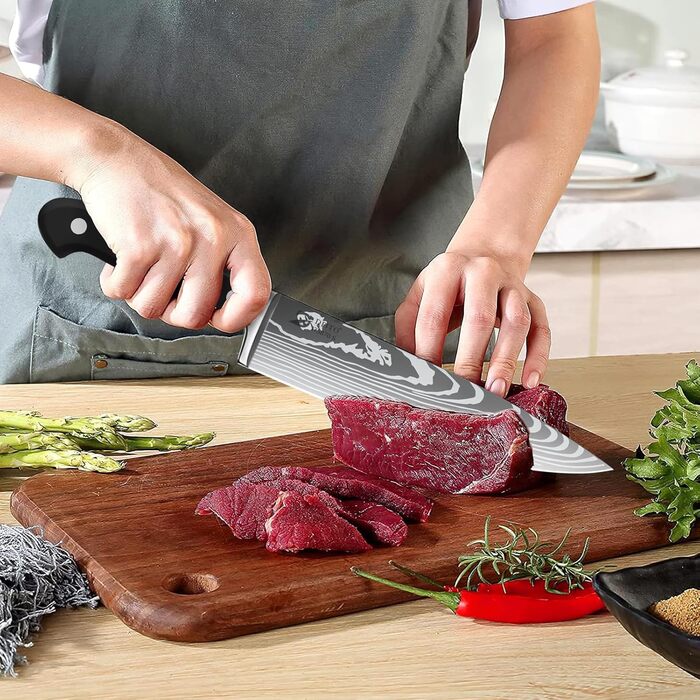 Набір кухонних ножів Dfito, 8 предметів: професійний набір з нержавіючої сталі з високовуглецевої сталі, гострі ножі для кухаря, чорна ручка