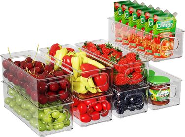 FINEW Refrigerator Organizer 8-Piece Set, Stackable Storage Boxes, Small Refrigerator Boxes with Handle, Transparent Containers for Kitchen, Cabinets, Freezer, Pantry - BPA Free