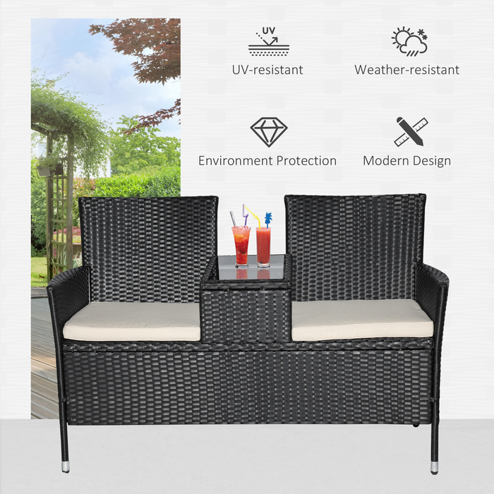 Садова лавка Outsunny з ротангу Polyrattan на 2 особи з журнальним столиком, садове диван-крісло зі сталі чорного кольору, B133 x Ш63 x H84см, стійке до погодних умов та сучасне