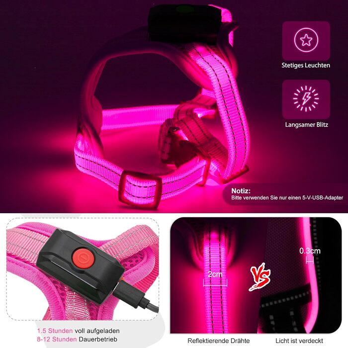 Світловідбиваючий нашийник для собак PZRLit з підзарядкою, для маленьких собак, XS, LED, для безпечних прогулянок вночі - Рожевий