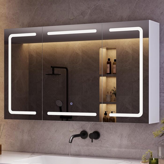 Дзеркало для ванної кімнати зі світлодіодним підсвічуванням, розеткою та 3 колірними температурами | Шафка для ванної кімнати 60x90x16 см (ВxШxГ), диммер + сенсорне управління | Біла шафка-дзеркало для ванної кімнати з 3 регульованими полицями та дзеркало