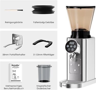 Електрична кавомолка Biolomix для еспресо з регулюванням помелу та контейнером для портафільтра (CG210-2)