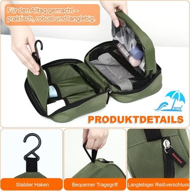 Чоловіча та жіноча косметичка для подорожей з відділеннями, водонепроникна, з гачком, зелена