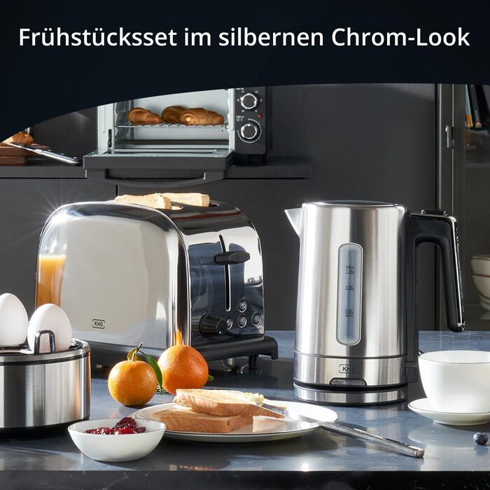Набір для сніданку KHG: чайник та тостер, нержавіюча сталь, сріблястий, об'єм 1 л, 2 слоти, точний вилив, поворотний на 360°, 6 рівнів підсмажування, функції підігріву, розморожування та для багелів, з підспівачем для крихт