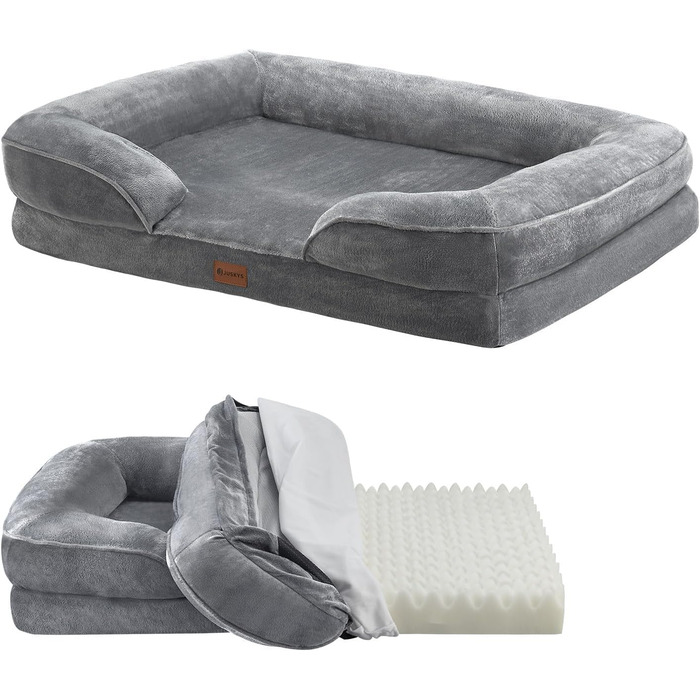 Juskys Dog Bed Sheena L Orthopedic, Washable & Non-Slip - 98 x 70 x 17 cm - Fluffy Dog Sofa for Medium-Sized Dogs Grey - Pet Bed Dog Sofa