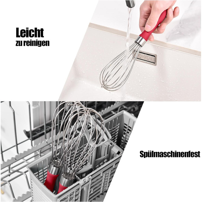 Міксер ручний Doosu 28 см з нержавіючої сталі, 8 гнучких дротів для збивання, перемішування та приготування їжі (червоний)