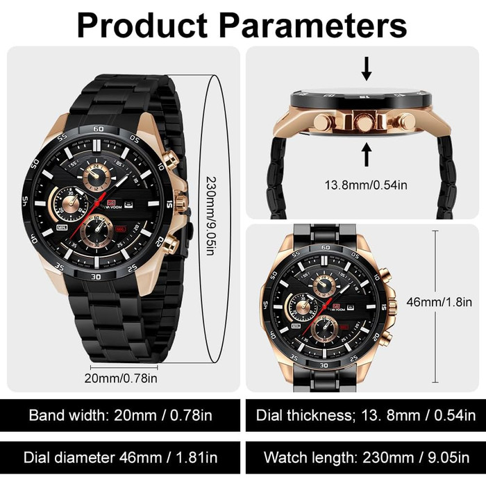 Годинник чоловічий OFFCUP з датою, кварцовий хронограф, водонепроникний, з нержавіючої сталі, для бізнесу та повсякденного носіння (рожеве золото/чорний)