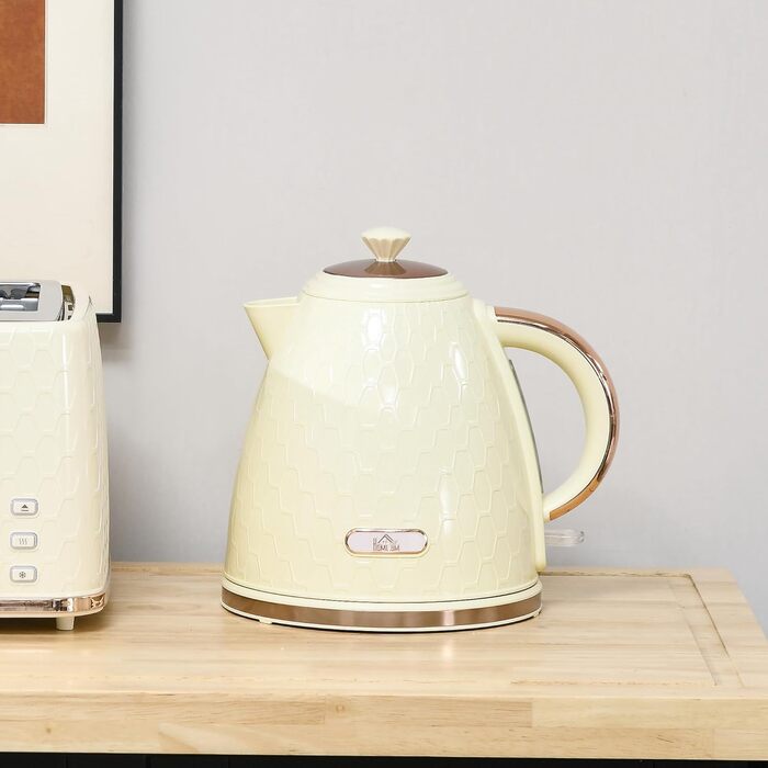 Електричний чайник HOMCOM з нержавіючої сталі, 1.7 л, 360° обертання, фільтр від накипу, захист від сухого кипіння, автоматичне відключення, BPA Free, 2200 Вт, бежевий