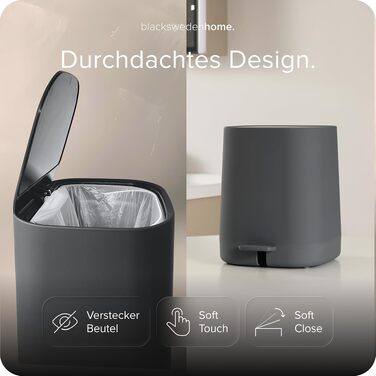 Смітник для ванної кімнати blackswedenhome на 5л з м'яким закриттям (Softclose) та внутрішнім відром, сірий