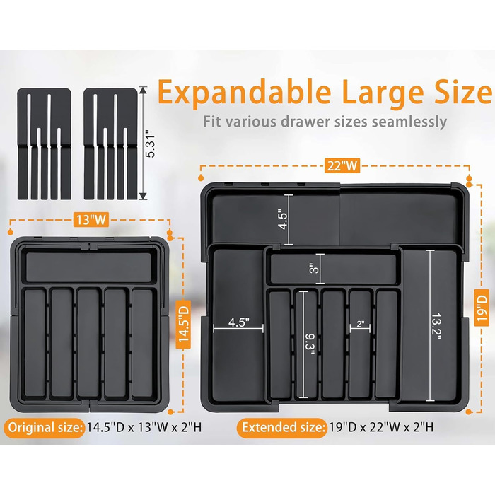 Органайзер для столових приборів в шухляду, розширюваний, чорний - Кухонний органайзер для шухляди
